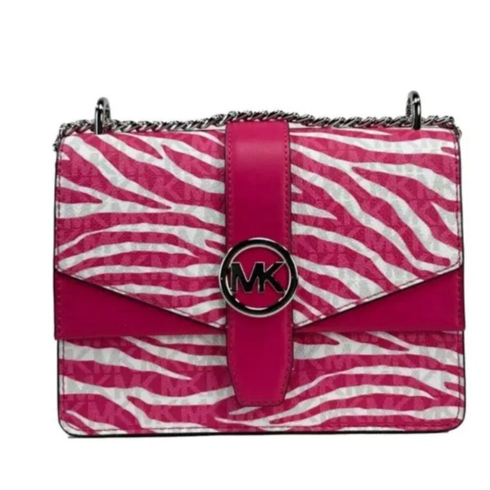 Michael Kors Greenwich Small Flap Shoulder Crossbody Bright Pink White Handbag - Picture 6 of 9